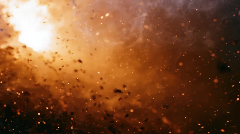 Fiery explosion with flying sparks and smoke filling the frame