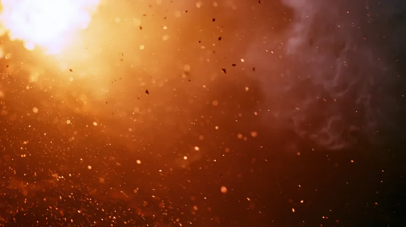 Fiery explosion with flying sparks and billowing smoke filling the frame