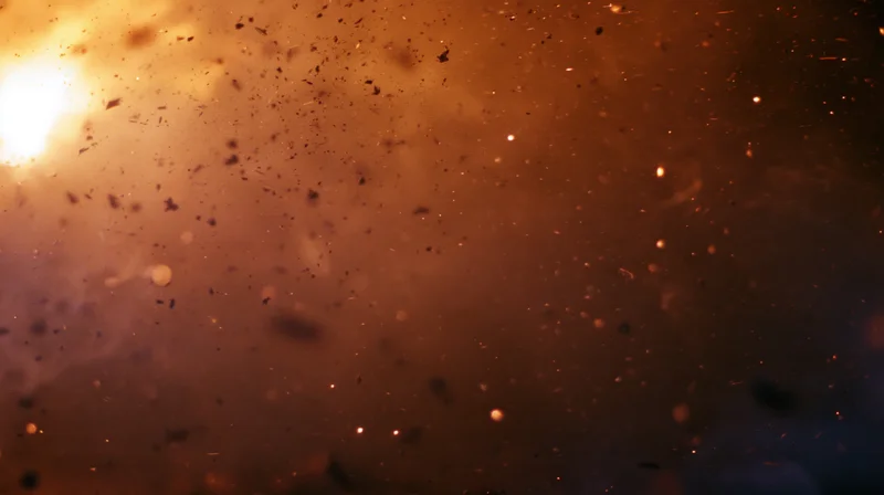 Fiery sparks and smoke floating in dark air with glowing embers and intense light source