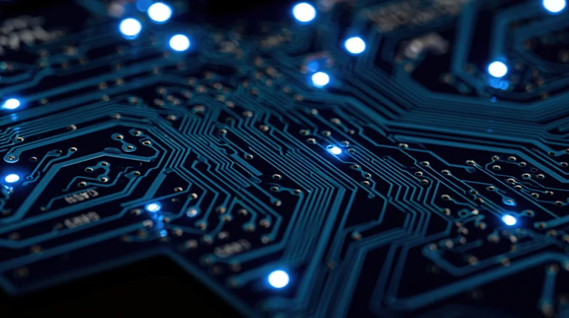 Closeup of illuminated blue circuit board with glowing leds and intricate traces