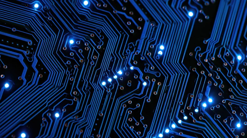Illuminated blue circuit board with glowing connections and pathways