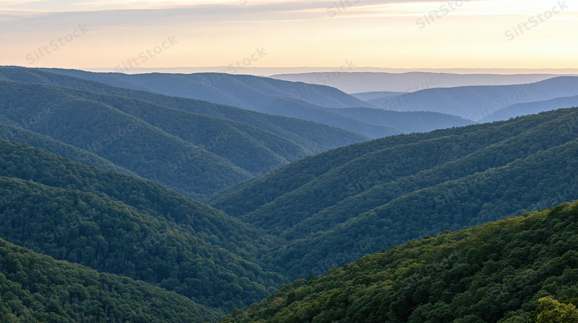 Rolling forested mountains forming layered valleys under soft twilight sky