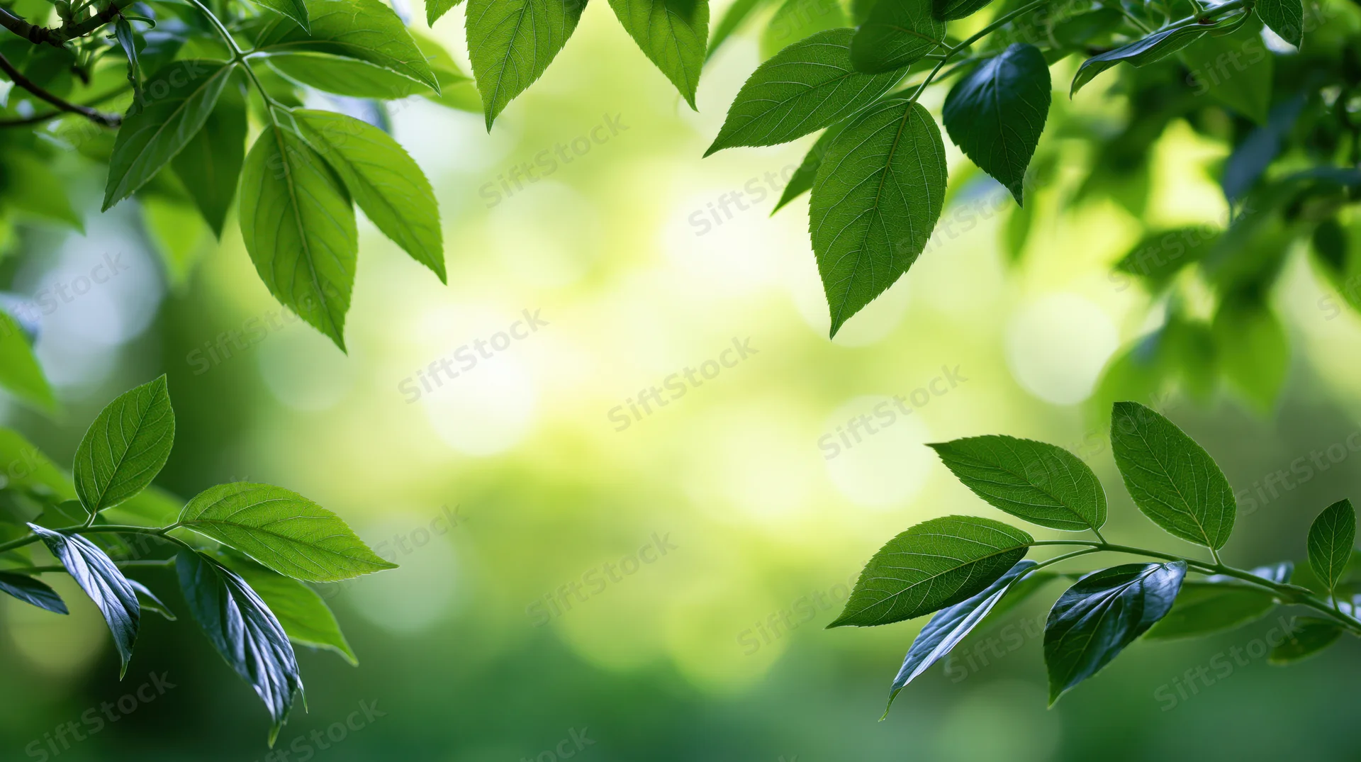 Green leaves on branches framing a bright bokeh background with natural sunlight filtering through