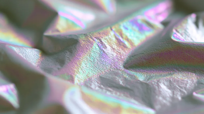 Crumpled holographic foil with iridescent sheen and rainbow reflections