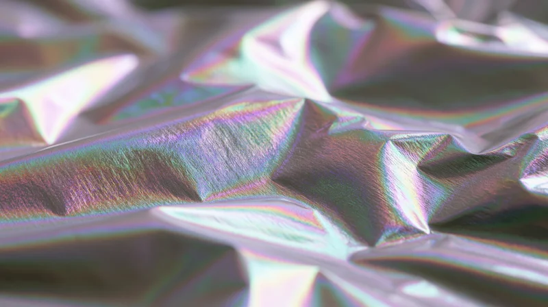 Crumpled holographic foil with iridescent rainbow reflections in closeup view