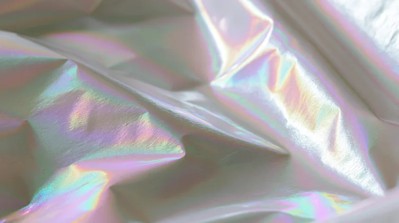 Crumpled iridescent fabric with shifting rainbow sheen and soft folds
