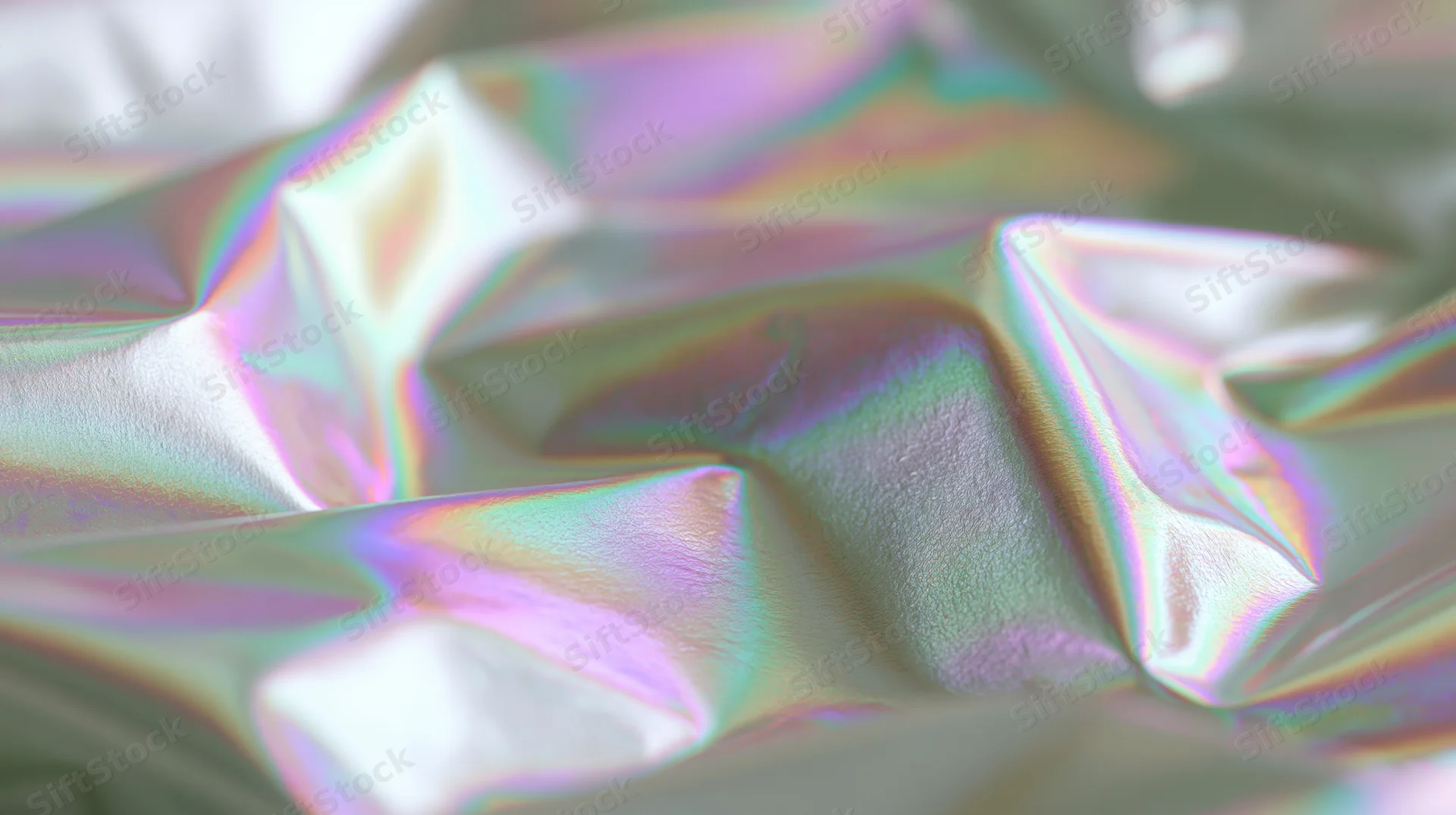 Crumpled iridescent foil with shifting rainbow colors and soft folds