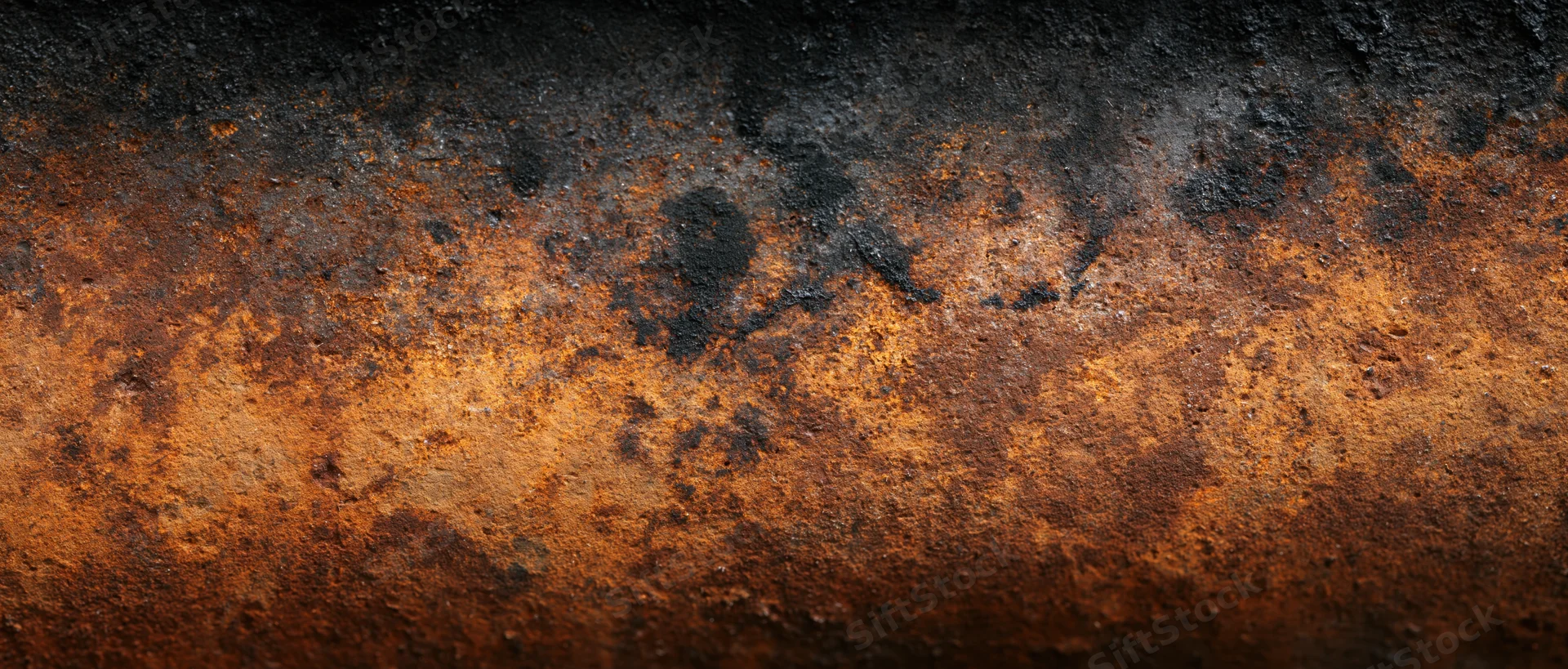 Rusted metal pipe surface showing corrosion and weathering with dark charred areas and orange-brown oxidation
