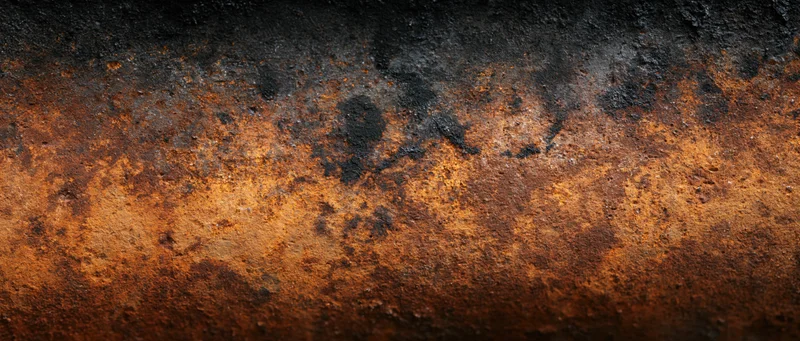 Rusted metal pipe surface showing corrosion and weathering with dark charred areas and orange-brown oxidation