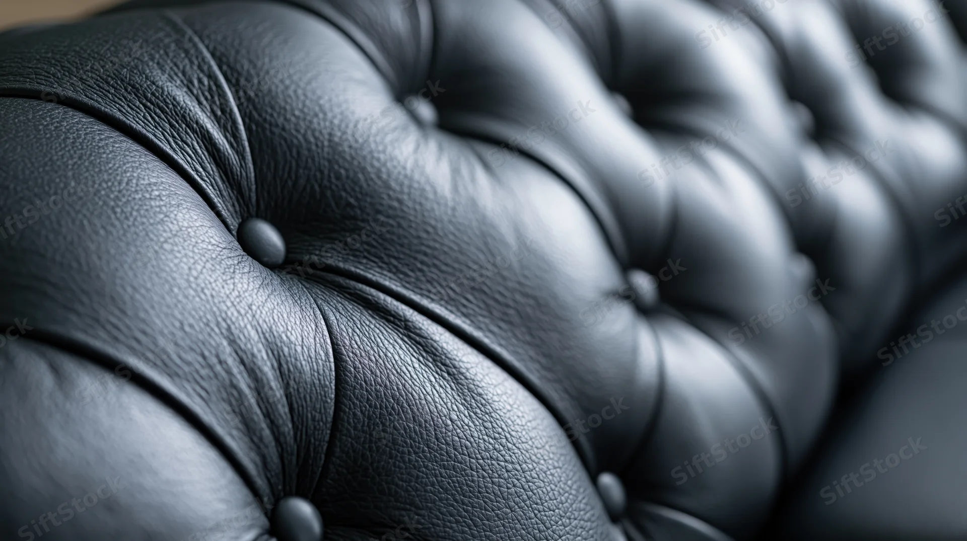 Closeup of black tufted leather sofa upholstery with button details in a modern interior
