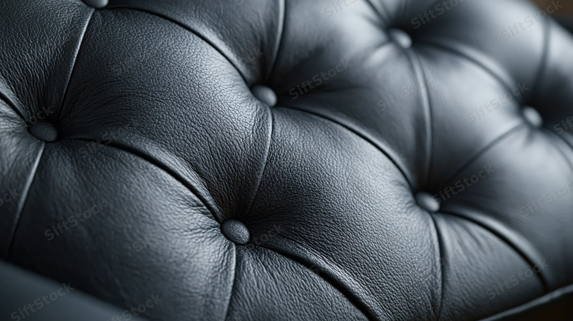 Closeup of black tufted leather upholstery with button detailing on a sofa or chair