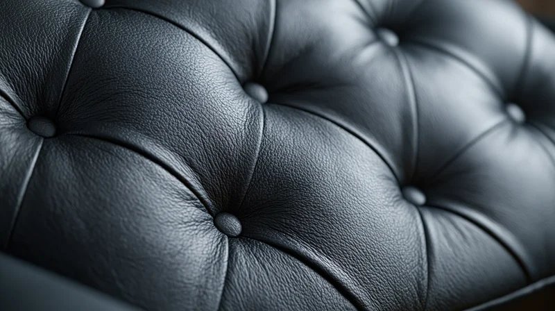 Closeup of black tufted leather upholstery with button detailing on a sofa or chair