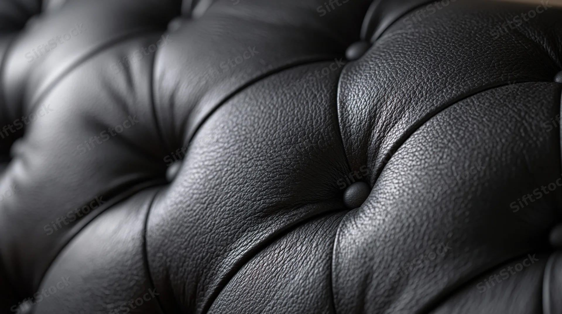 Closeup of black tufted leather upholstery with button detailing