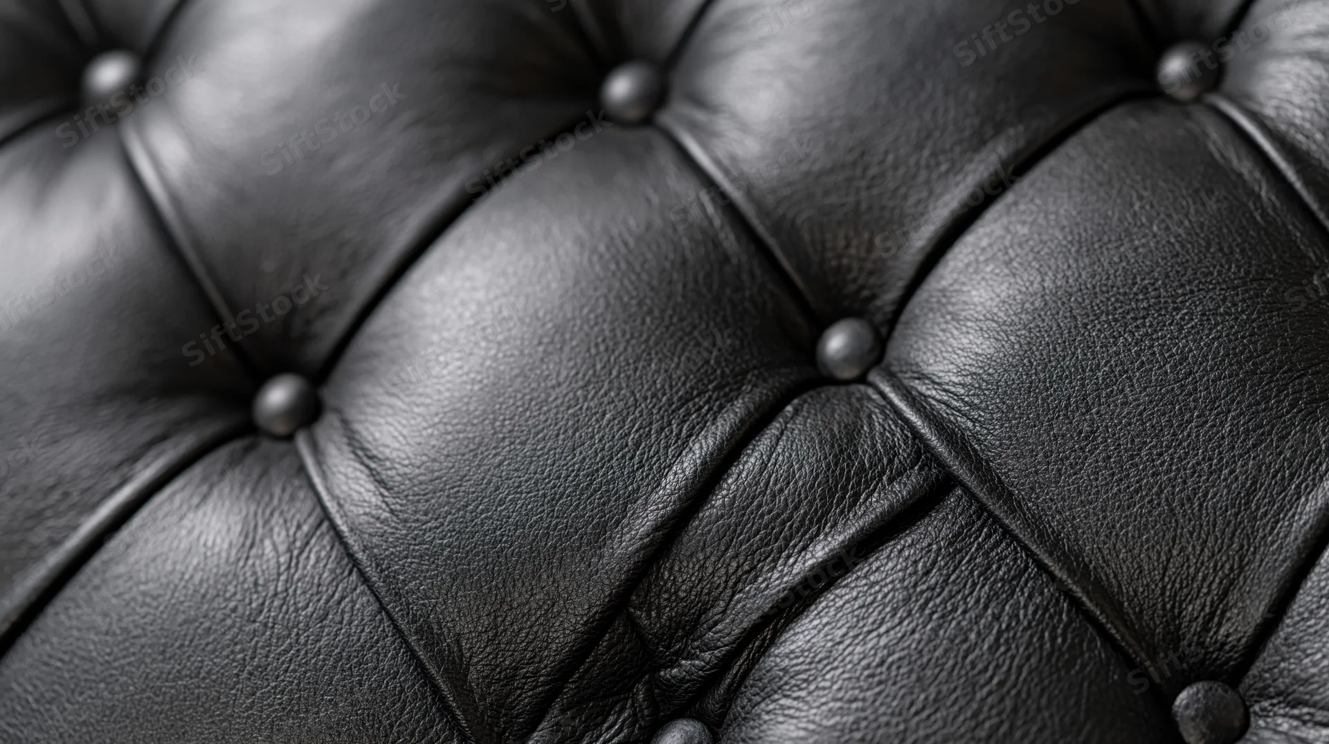 Closeup of black tufted leather upholstery with button detailing on a sofa surface