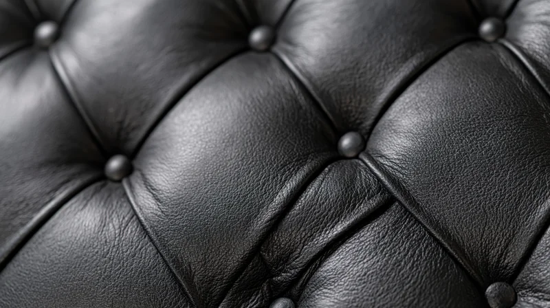 Closeup of black tufted leather upholstery with button detailing on a sofa surface
