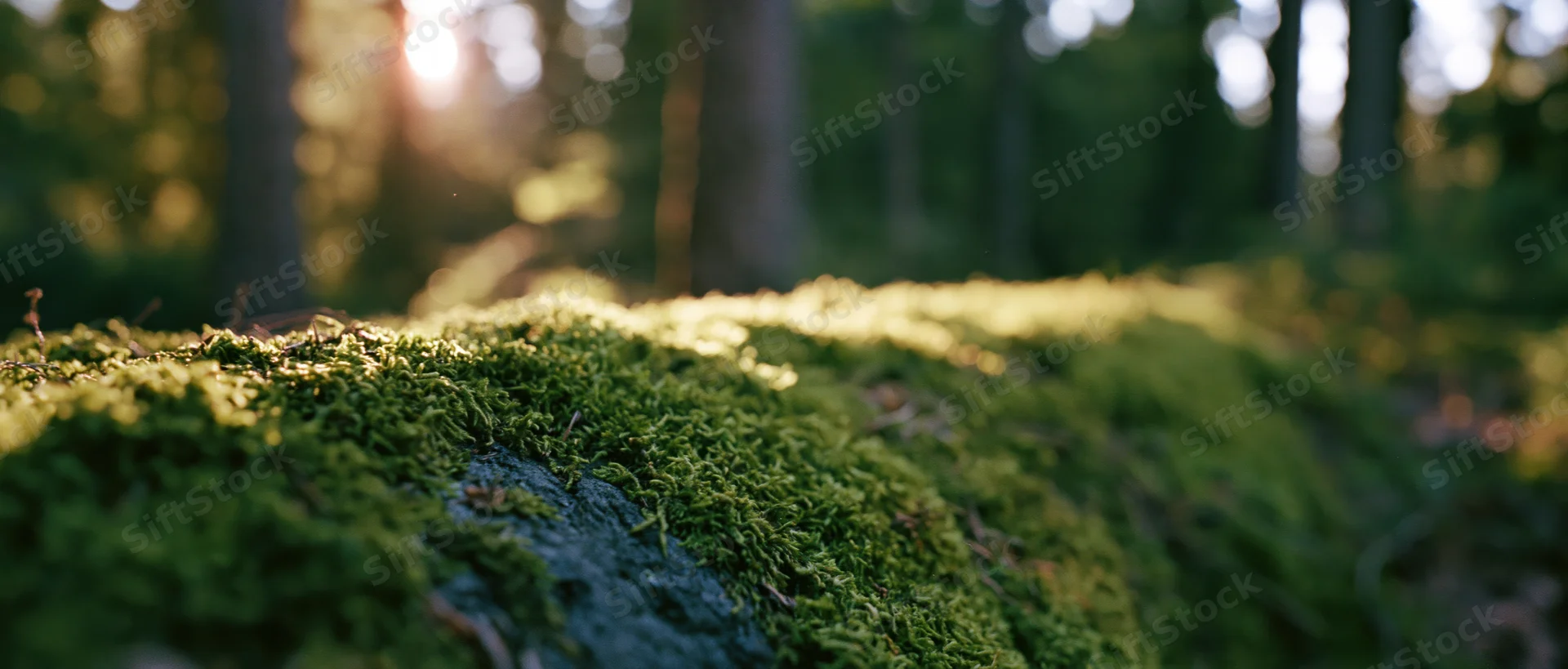 Moss-covered log in a sunlit forest with dappled light filtering through trees