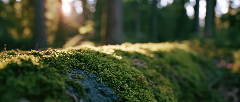 Moss-covered log in a sunlit forest with dappled light filtering through trees