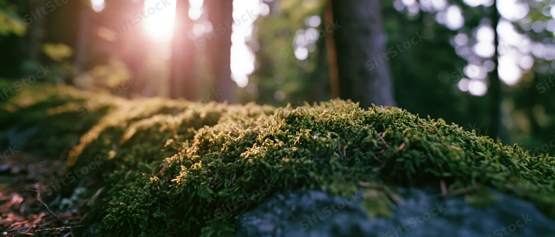 Moss-covered rock in a sunlit forest clearing