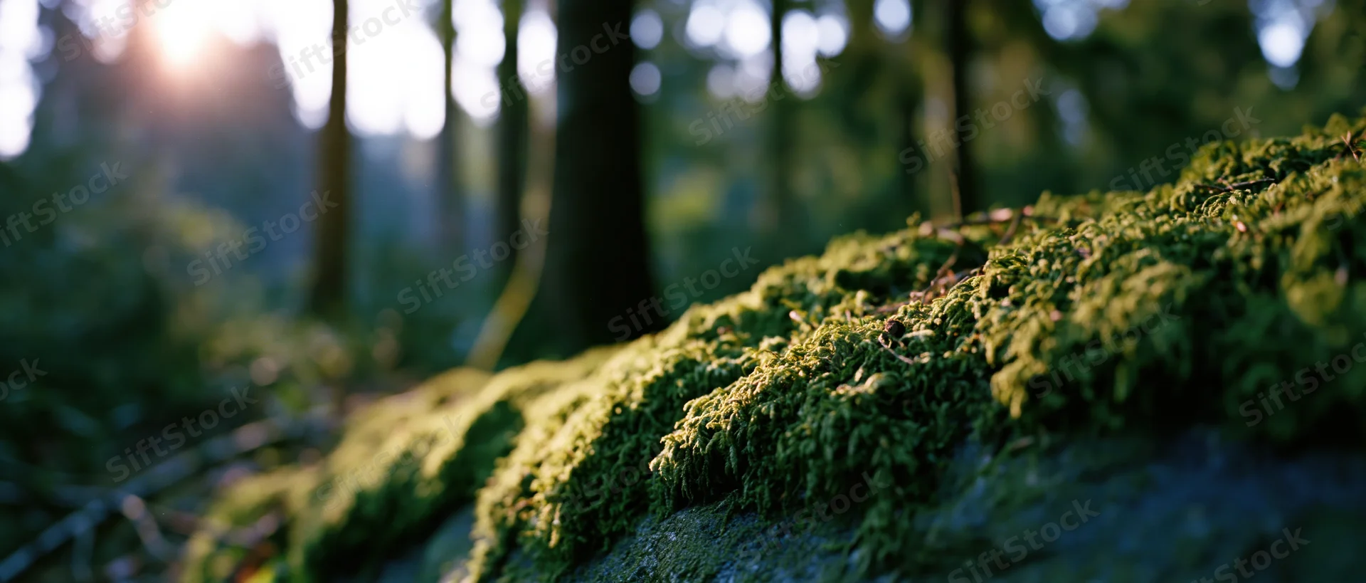 Moss-covered rock in a sunlit forest with blurred trees in the background