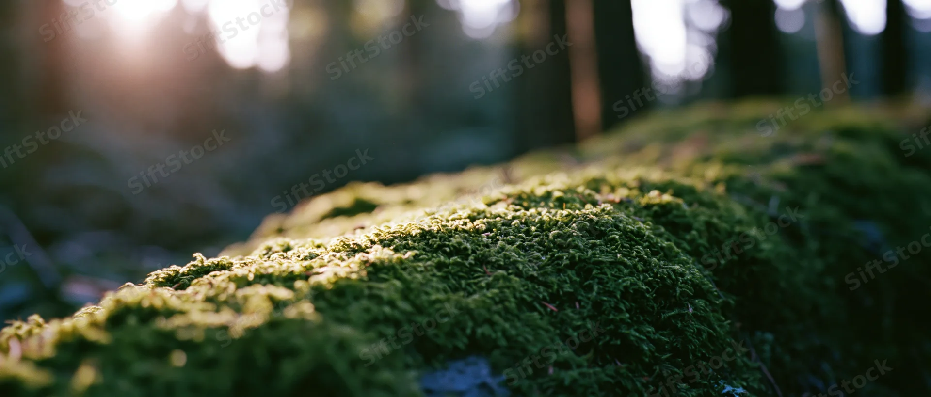 Moss-covered log in a sunlit forest clearing