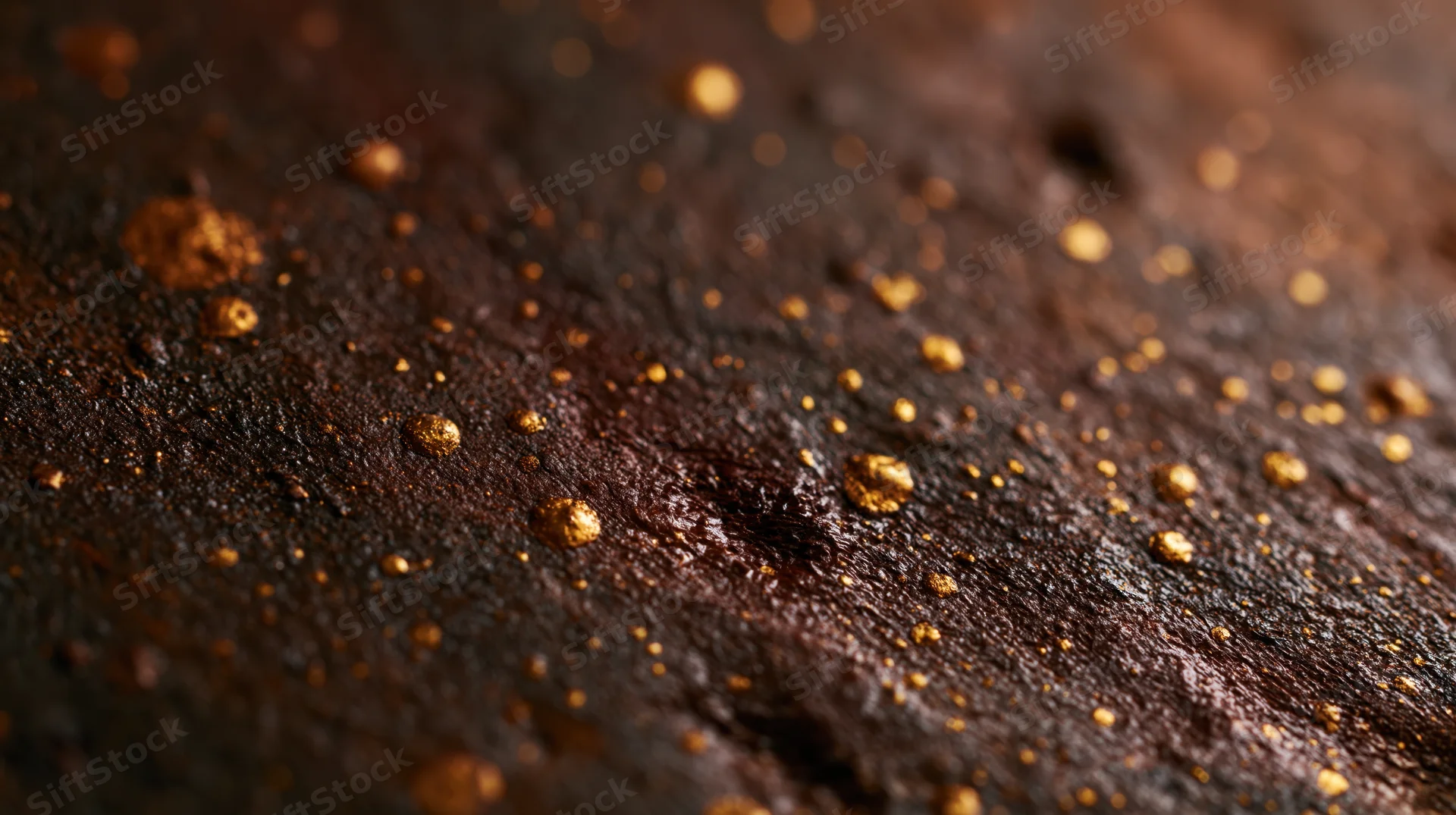 Closeup of a dark textured surface with scattered golden specks and bokeh highlights