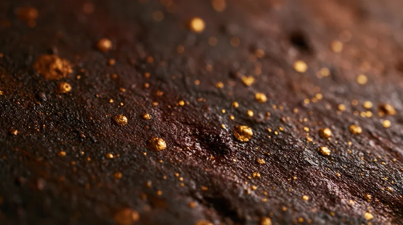 Closeup of a dark textured surface with scattered golden specks and bokeh highlights