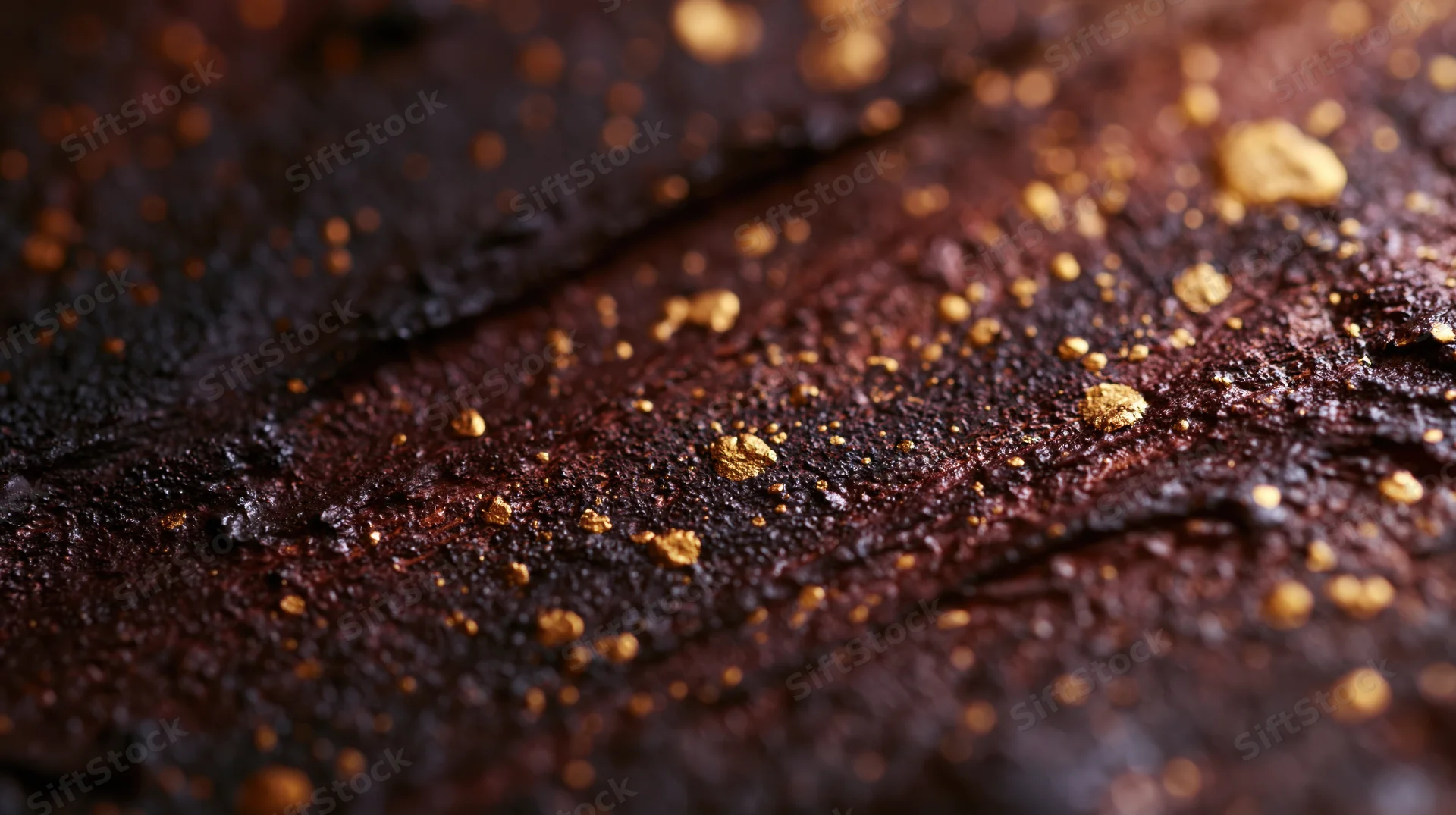 Closeup of chocolate brownie surface with golden sprinkles, showing rich texture and glossy finish