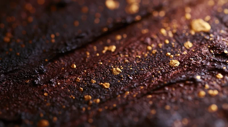 Closeup of chocolate brownie surface with golden sprinkles, showing rich texture and glossy finish