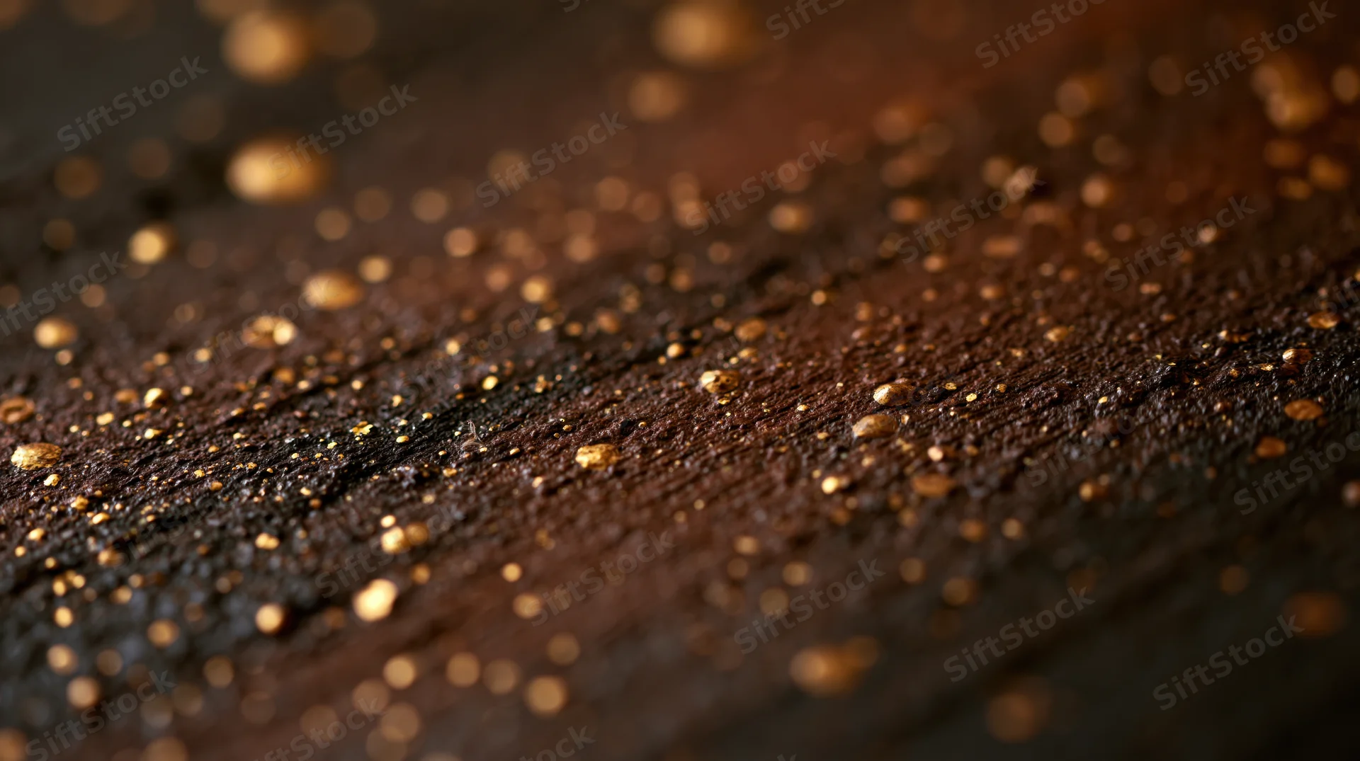 Closeup of dark wooden surface with golden speckles and bokeh highlights