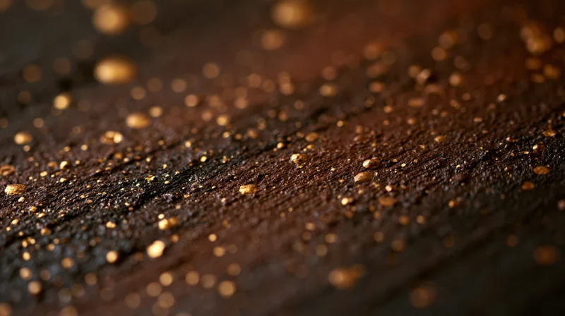 Closeup of dark wooden surface with golden speckles and bokeh highlights