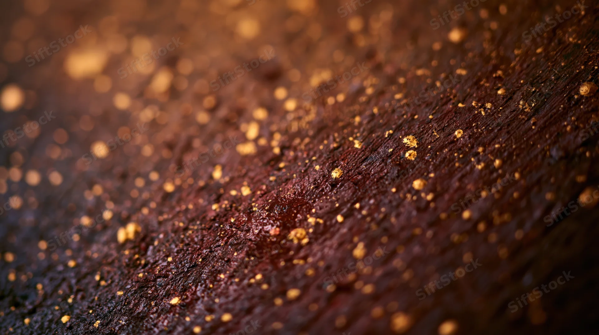 Closeup of textured wooden surface with golden speckles and warm bokeh background