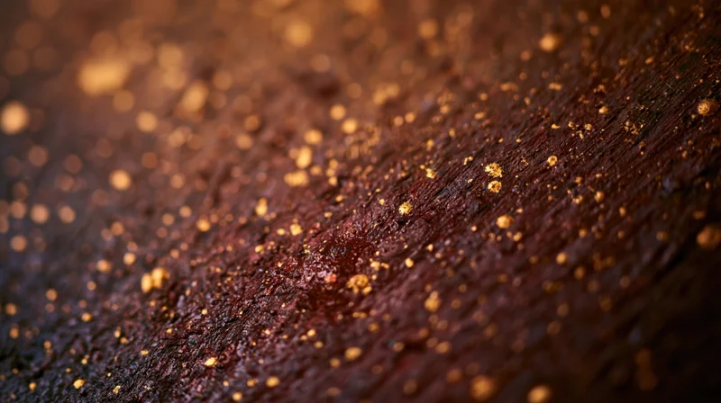 Closeup of textured wooden surface with golden speckles and warm bokeh background