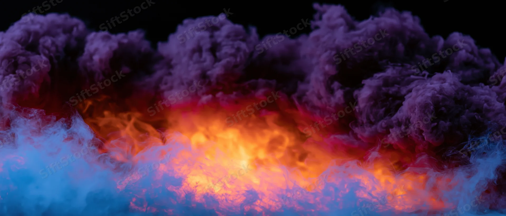 Swirling smoke clouds illuminated by glowing orange flames against a dark background with purple and blue hues