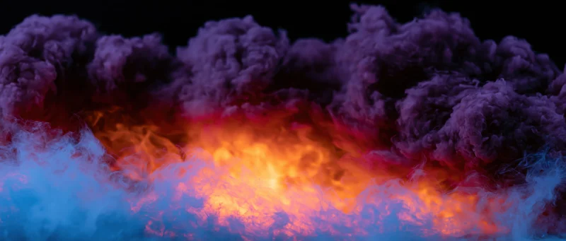 Swirling smoke clouds illuminated by glowing orange flames against a dark background with purple and blue hues