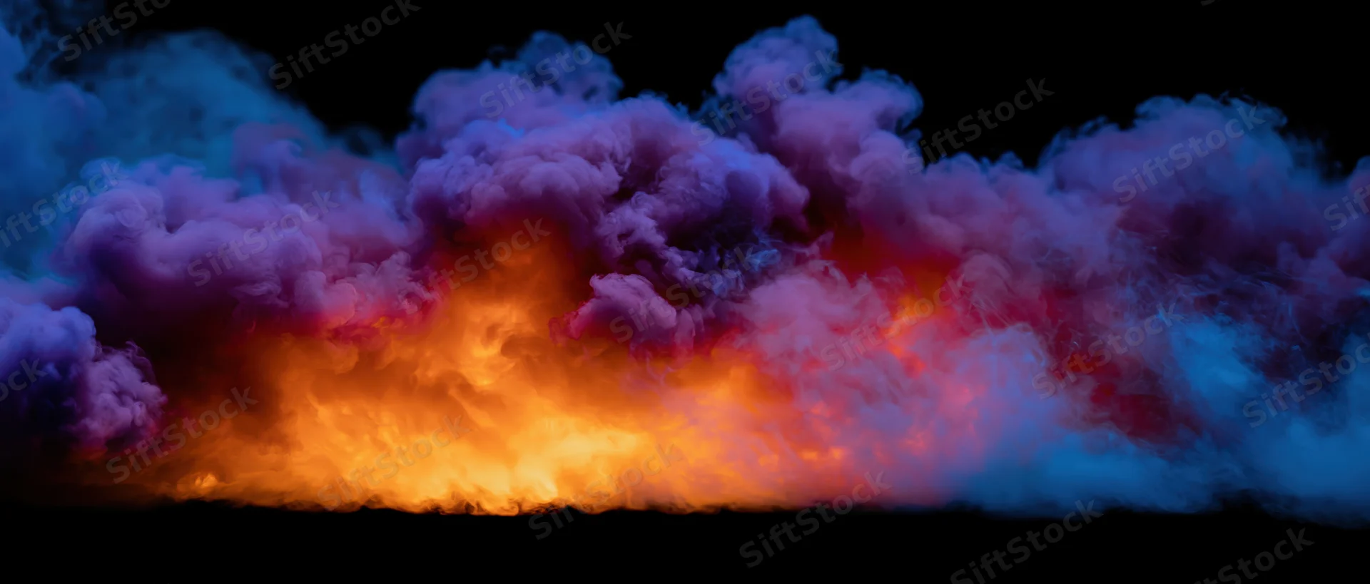 Swirling colorful smoke clouds glowing with orange and purple hues against black background