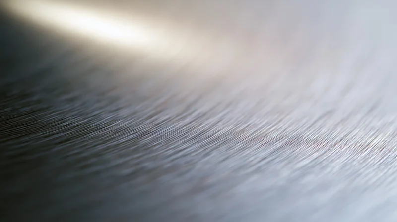 Closeup of brushed stainless steel surface showing fine linear texture and reflective sheen