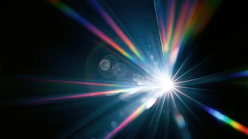 Bright light source emitting colorful rays and lens flares against dark background