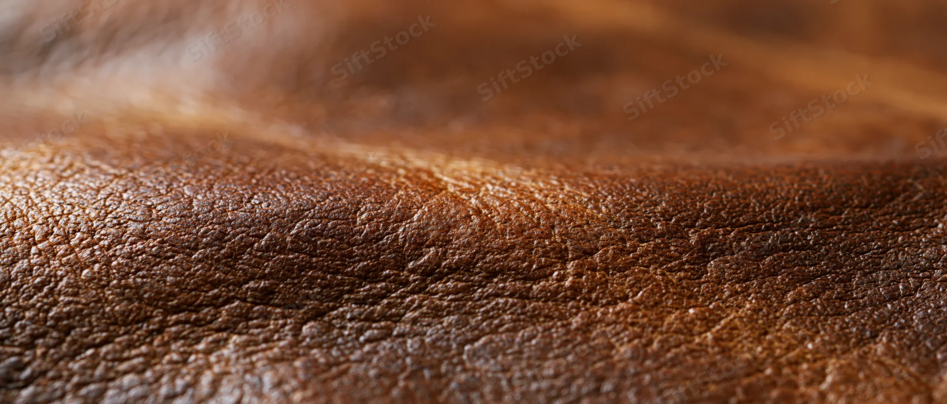 Closeup of brown leather surface showing natural grain and texture