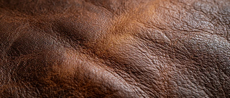 Closeup of brown leather surface showing natural grain and texture