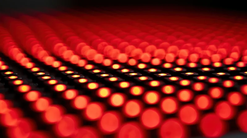 Rows of red led lights arranged in a grid with shallow depth of field creating bokeh effect