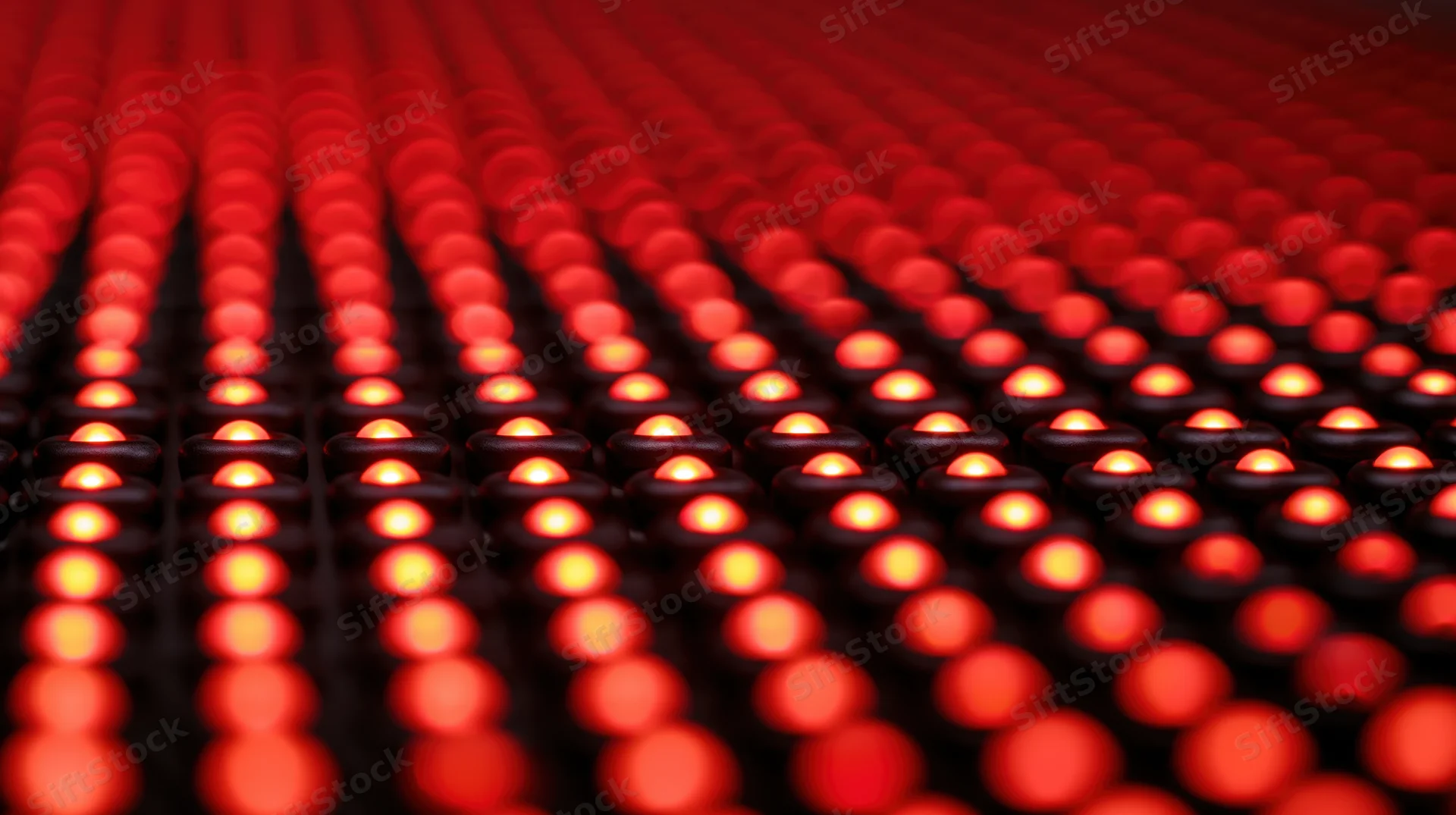 Rows of red led lights arranged in a grid pattern on a dark surface