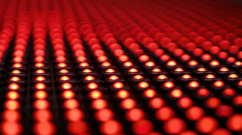 Rows of red led lights arranged in a grid pattern on a dark surface