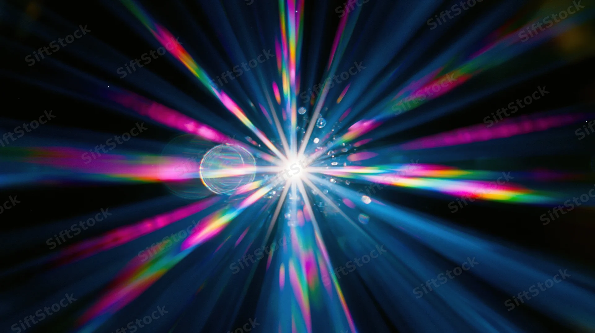 Radiant light burst with colorful streaks and lens flares against dark background