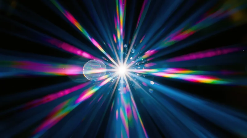 Radiant light burst with colorful streaks and lens flares against dark background