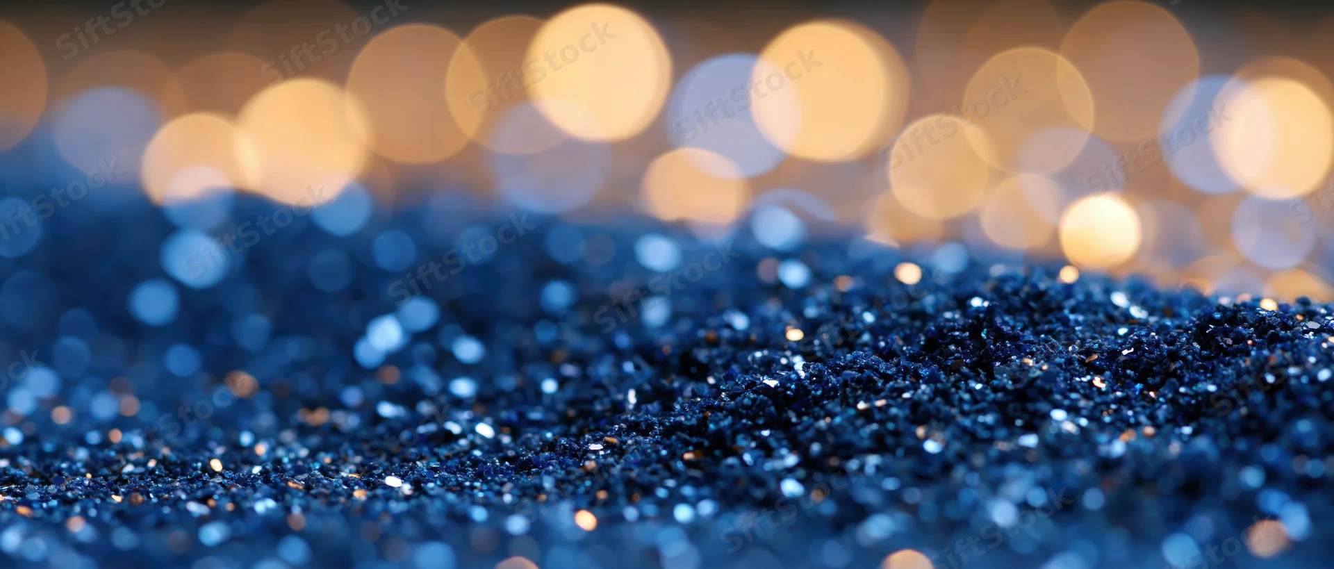 Blue glitter surface with warm bokeh lights in background