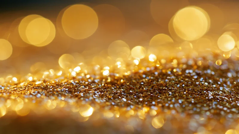 Golden glitter texture with bokeh lights in shallow focus, creating a festive background with copyspace