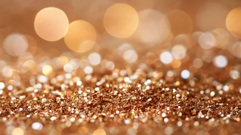 Golden glitter scattered across a surface with blurred bokeh lights in the background