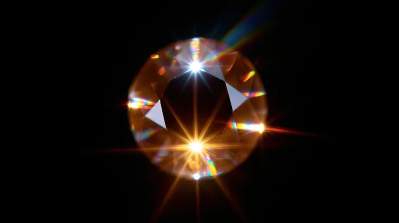 A faceted diamond glowing with bright light and colorful reflections against a black background