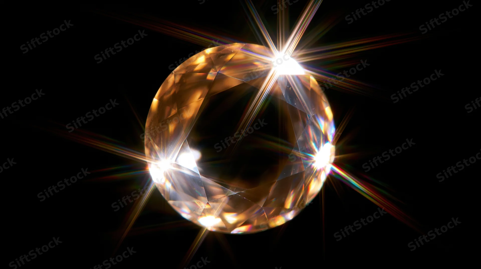 A faceted diamond glowing with bright starburst flares against a black background