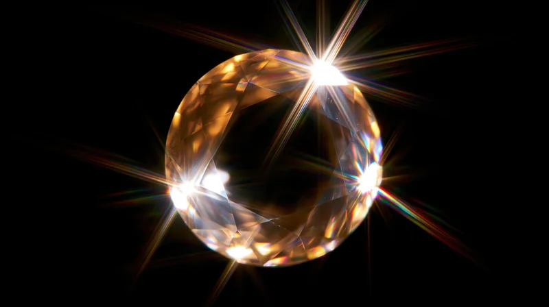 A faceted diamond glowing with bright starburst flares against a black background